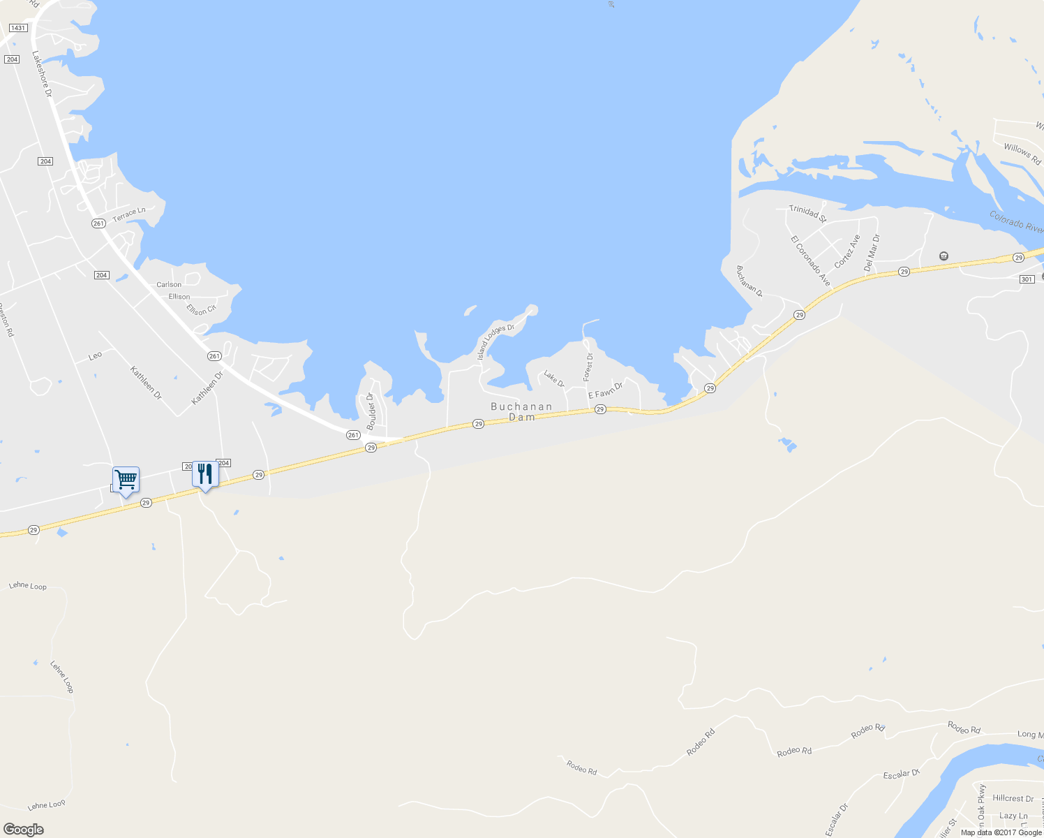 map of restaurants, bars, coffee shops, grocery stores, and more near 17416 Texas 29 in Buchanan Dam