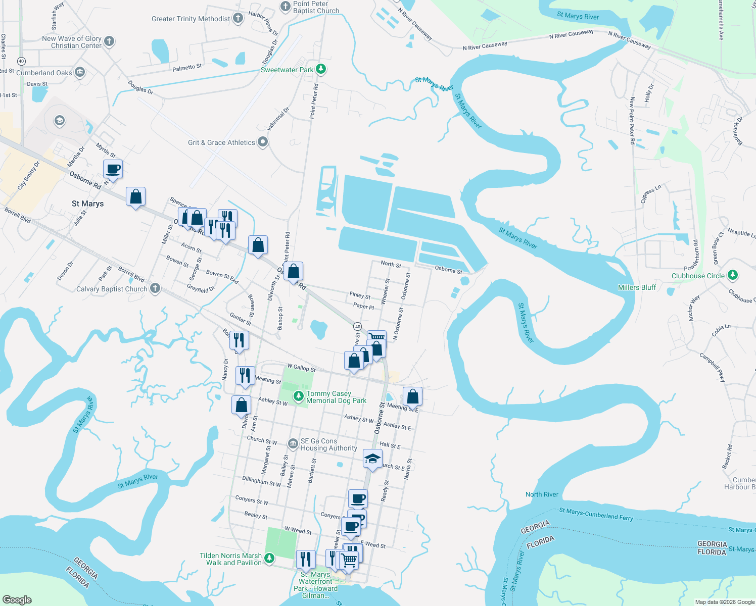 map of restaurants, bars, coffee shops, grocery stores, and more near 202 Finley St in St Marys