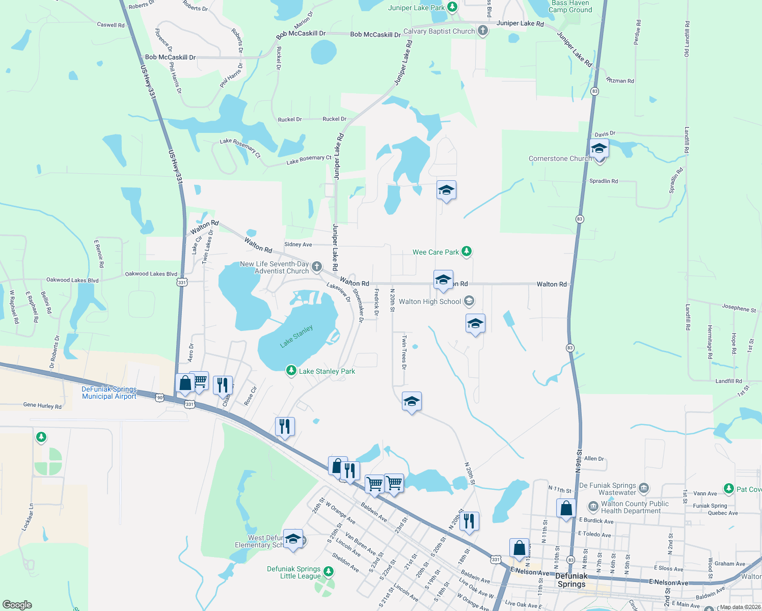 map of restaurants, bars, coffee shops, grocery stores, and more near 111 Fredrick Drive in DeFuniak Springs
