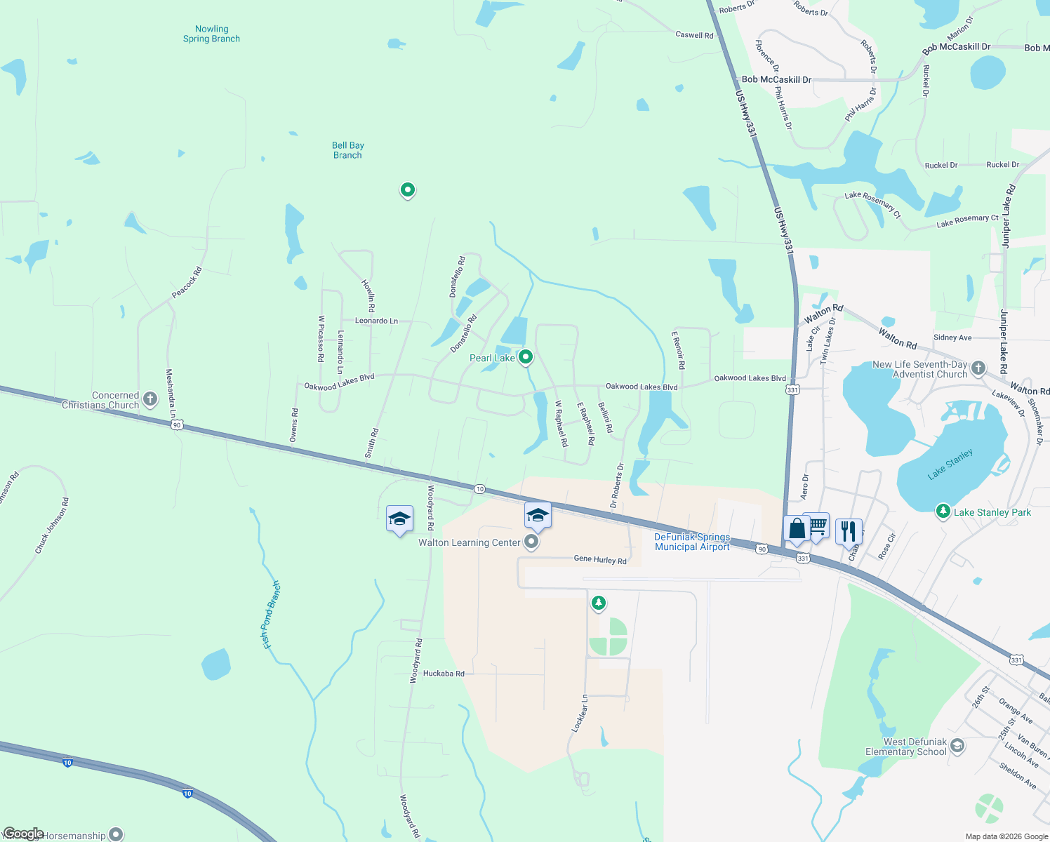 map of restaurants, bars, coffee shops, grocery stores, and more near 12 Rembrandt Circle in DeFuniak Springs