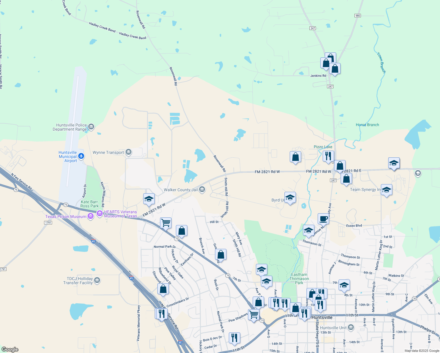 map of restaurants, bars, coffee shops, grocery stores, and more near 633 FM 2821 Road West in Huntsville
