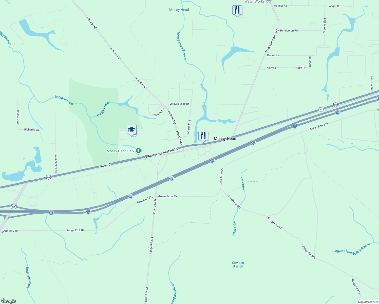 map of restaurants, bars, coffee shops, grocery stores, and more near 52 East Mossy Head Main Street in DeFuniak Springs