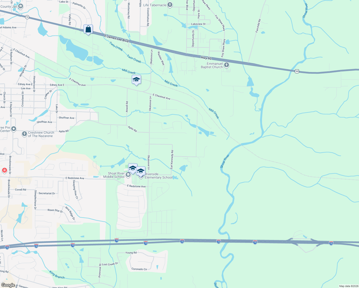 map of restaurants, bars, coffee shops, grocery stores, and more near 3162 Aplin Road in Crestview