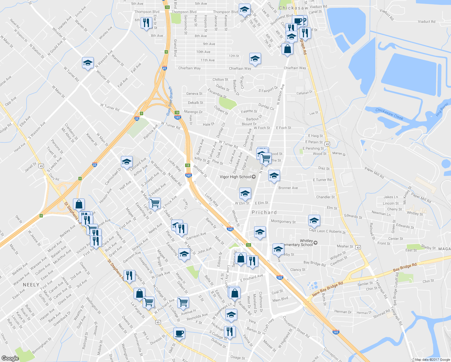 map of restaurants, bars, coffee shops, grocery stores, and more near 336 Brock Avenue in Prichard