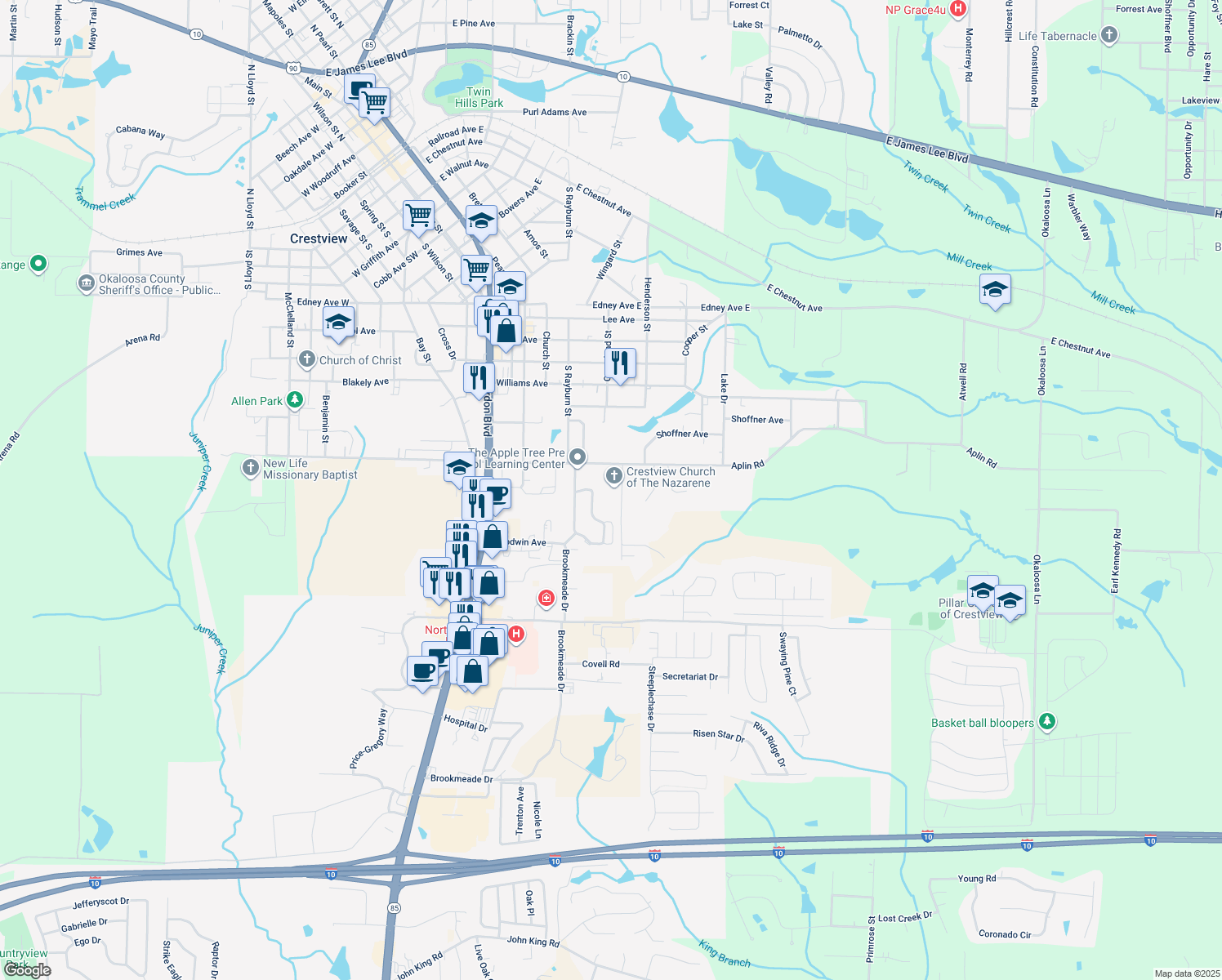map of restaurants, bars, coffee shops, grocery stores, and more near 395 Aplin Road in Crestview