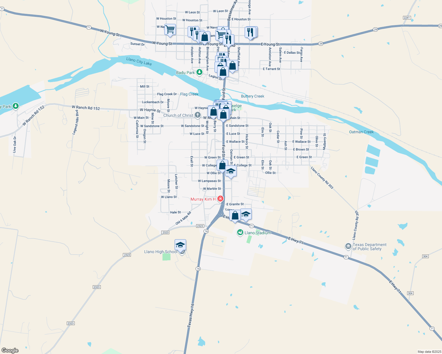 map of restaurants, bars, coffee shops, grocery stores, and more near 1505 Ford St in Llano