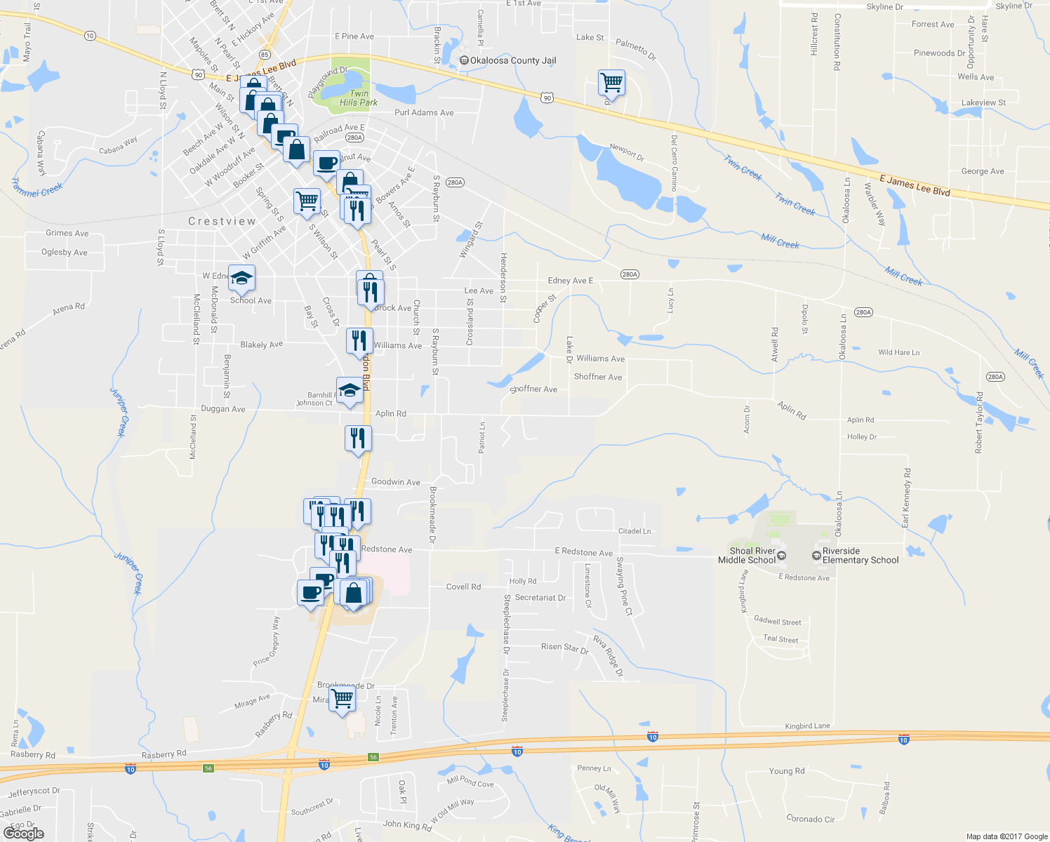 map of restaurants, bars, coffee shops, grocery stores, and more near 518-548 County Rd in Crestview