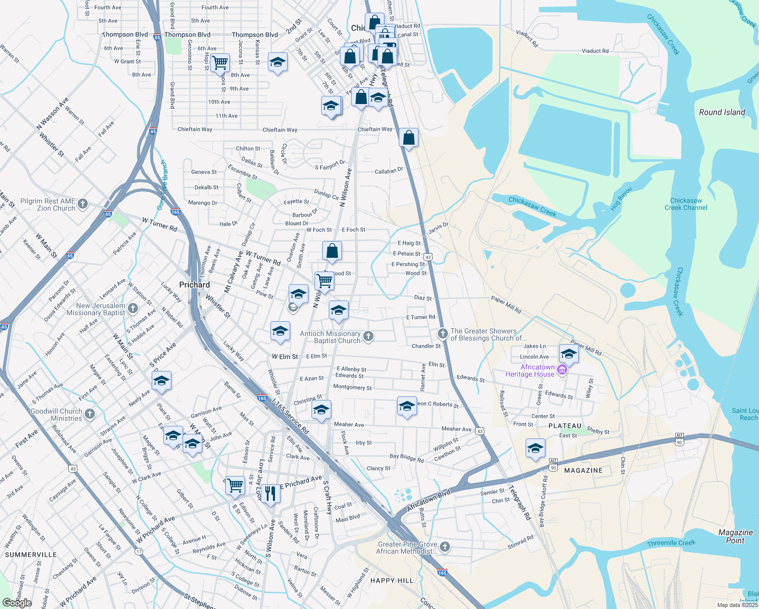 map of restaurants, bars, coffee shops, grocery stores, and more near 307 Isaac Street in Prichard