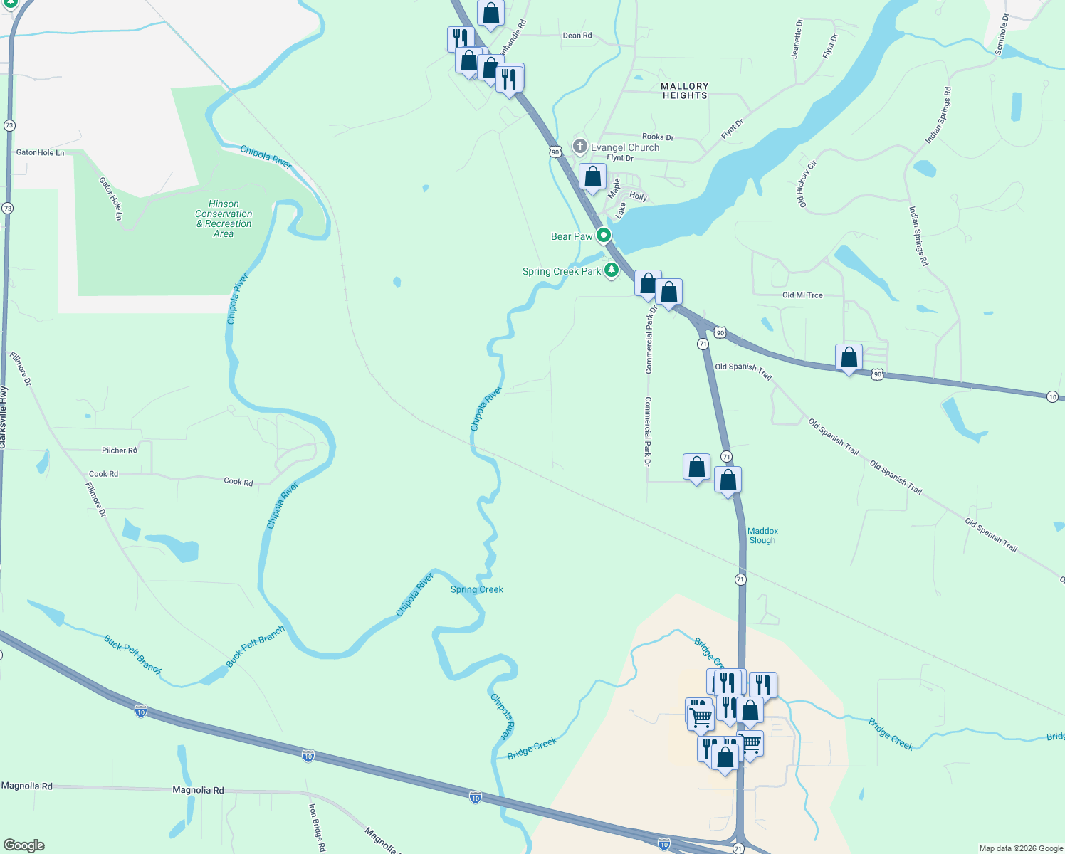 map of restaurants, bars, coffee shops, grocery stores, and more near 2485 Spring Creek Road in Marianna