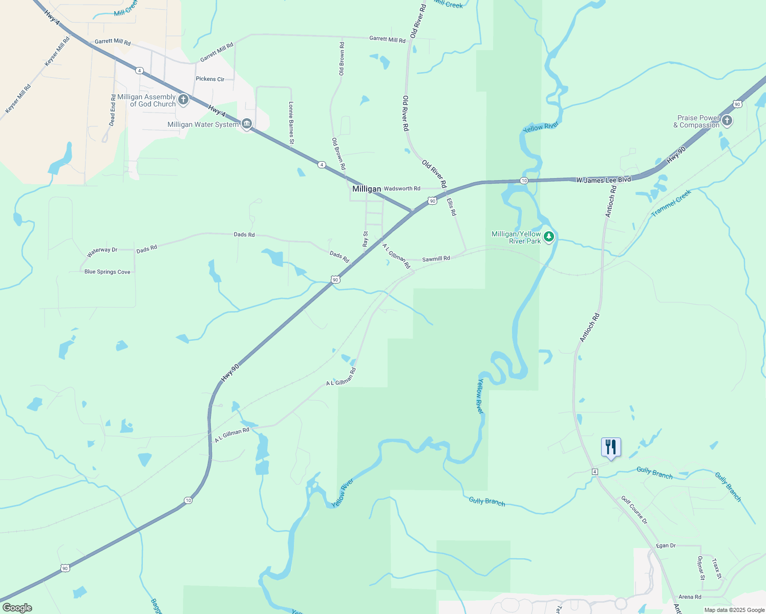 map of restaurants, bars, coffee shops, grocery stores, and more near 1845 Dreaden Circle in Baker