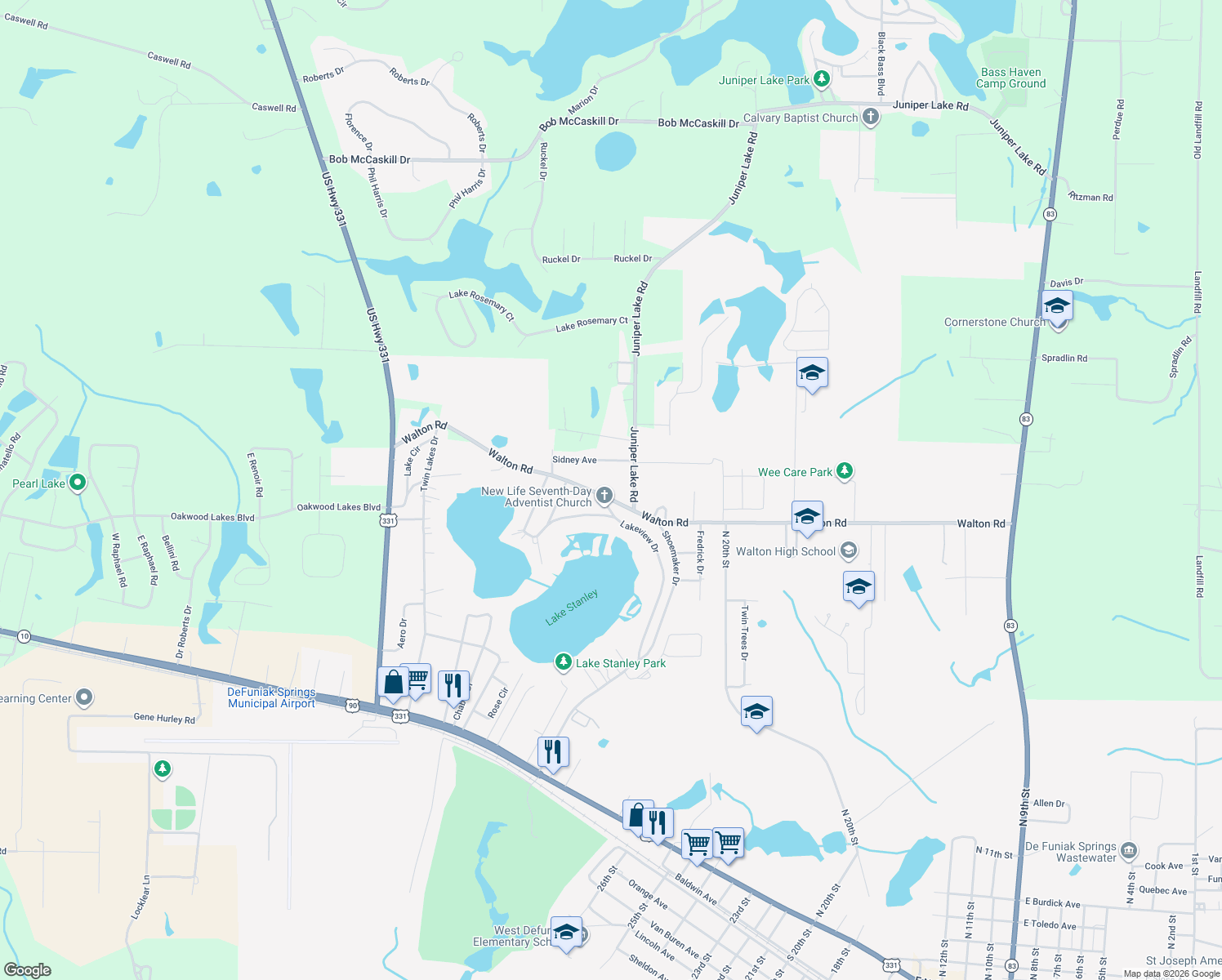 map of restaurants, bars, coffee shops, grocery stores, and more near 1262 Walton Road in DeFuniak Springs
