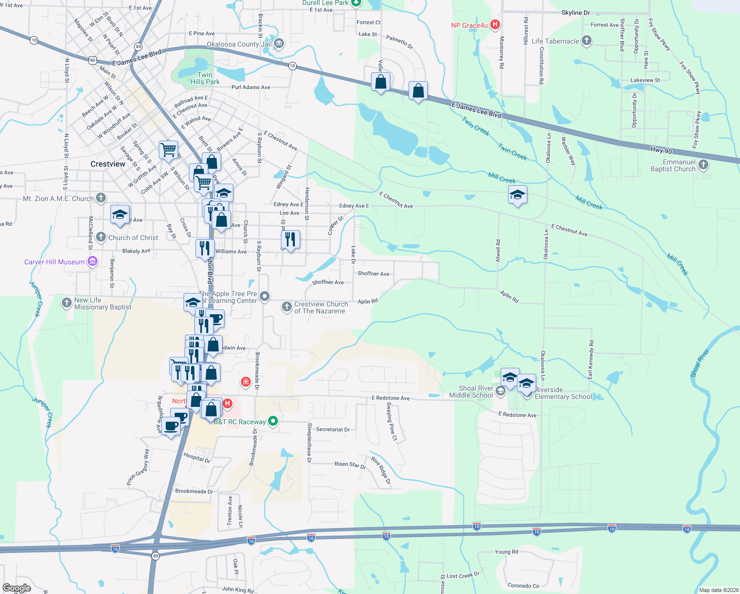 map of restaurants, bars, coffee shops, grocery stores, and more near 2919 Aplin Rd in Crestview