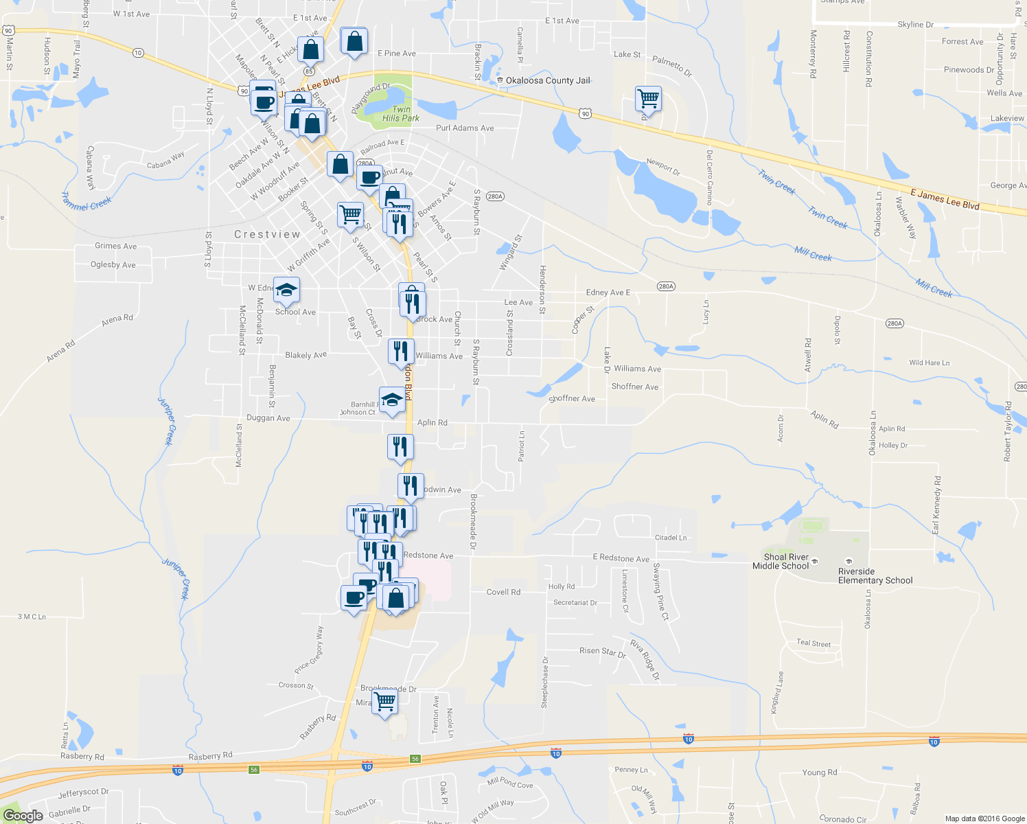 map of restaurants, bars, coffee shops, grocery stores, and more near 454 Aplin Road in Crestview