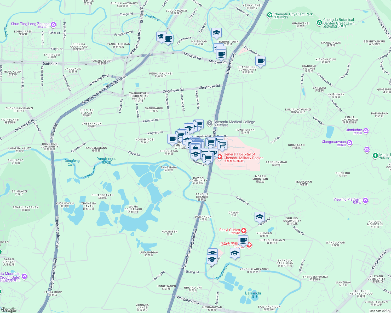 map of restaurants, bars, coffee shops, grocery stores, and more near Dong Da Jie Dong Si Duan in Cheng Du Shi
