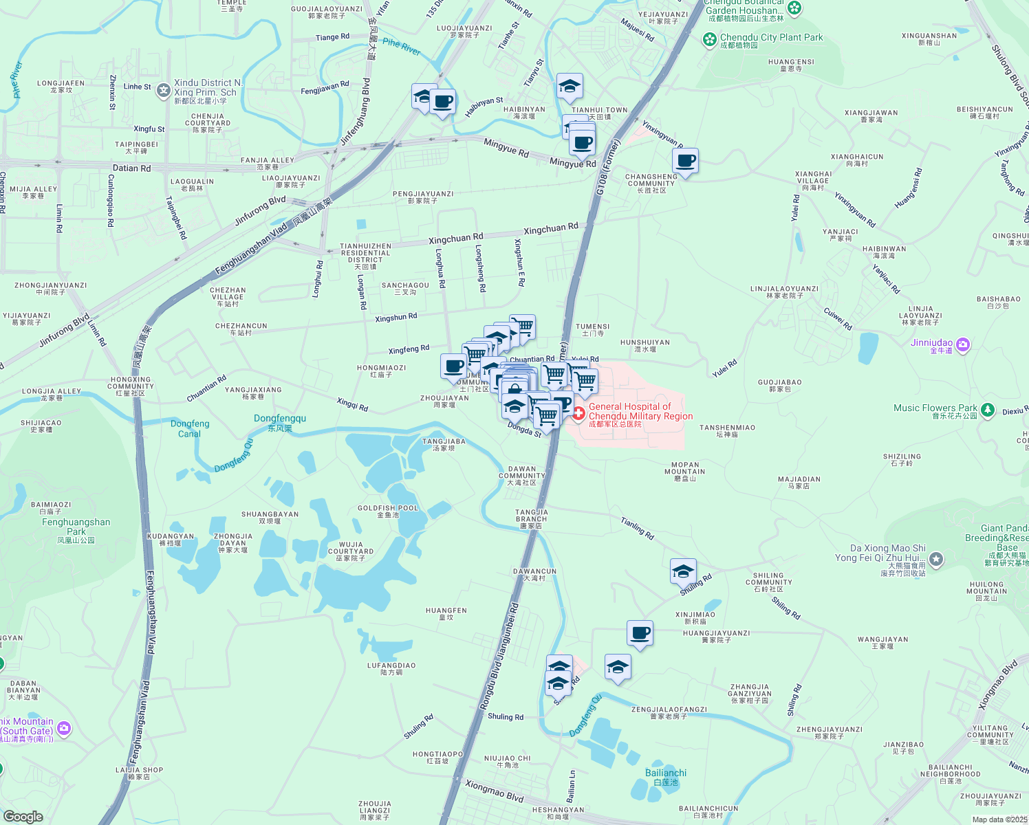 map of restaurants, bars, coffee shops, grocery stores, and more near Dong Da Jie Dong Si Duan in Cheng Du Shi