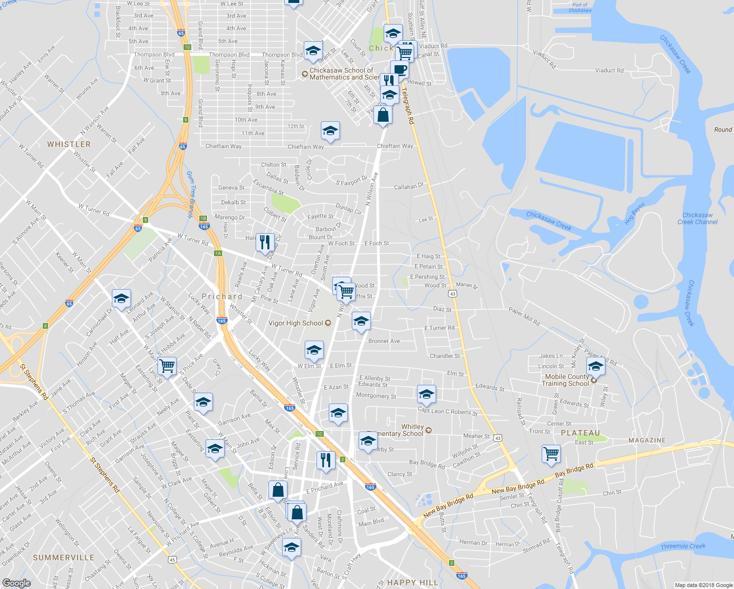 map of restaurants, bars, coffee shops, grocery stores, and more near 145 Joffre Street in Prichard