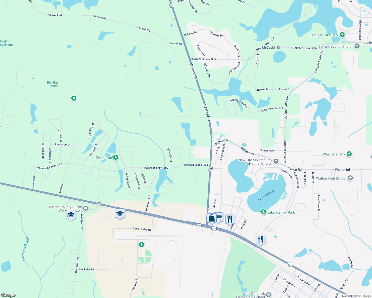 map of restaurants, bars, coffee shops, grocery stores, and more near 153 Commerce Boulevard in DeFuniak Springs