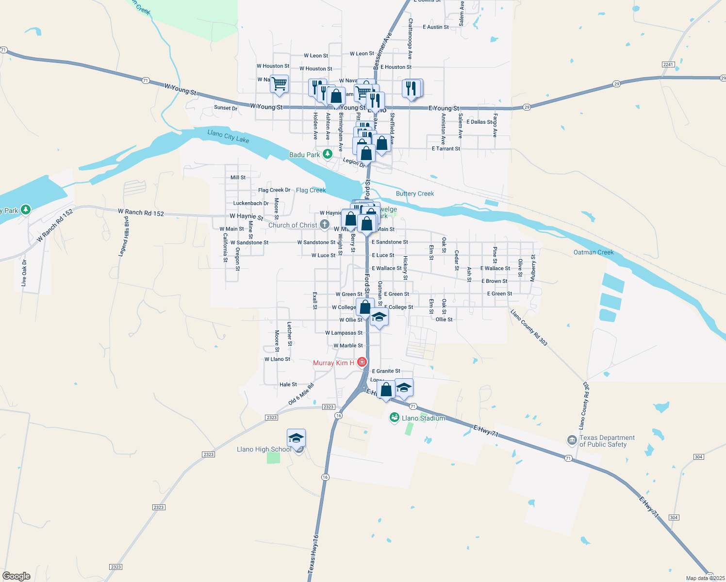 map of restaurants, bars, coffee shops, grocery stores, and more near 1207 Ford St in Llano