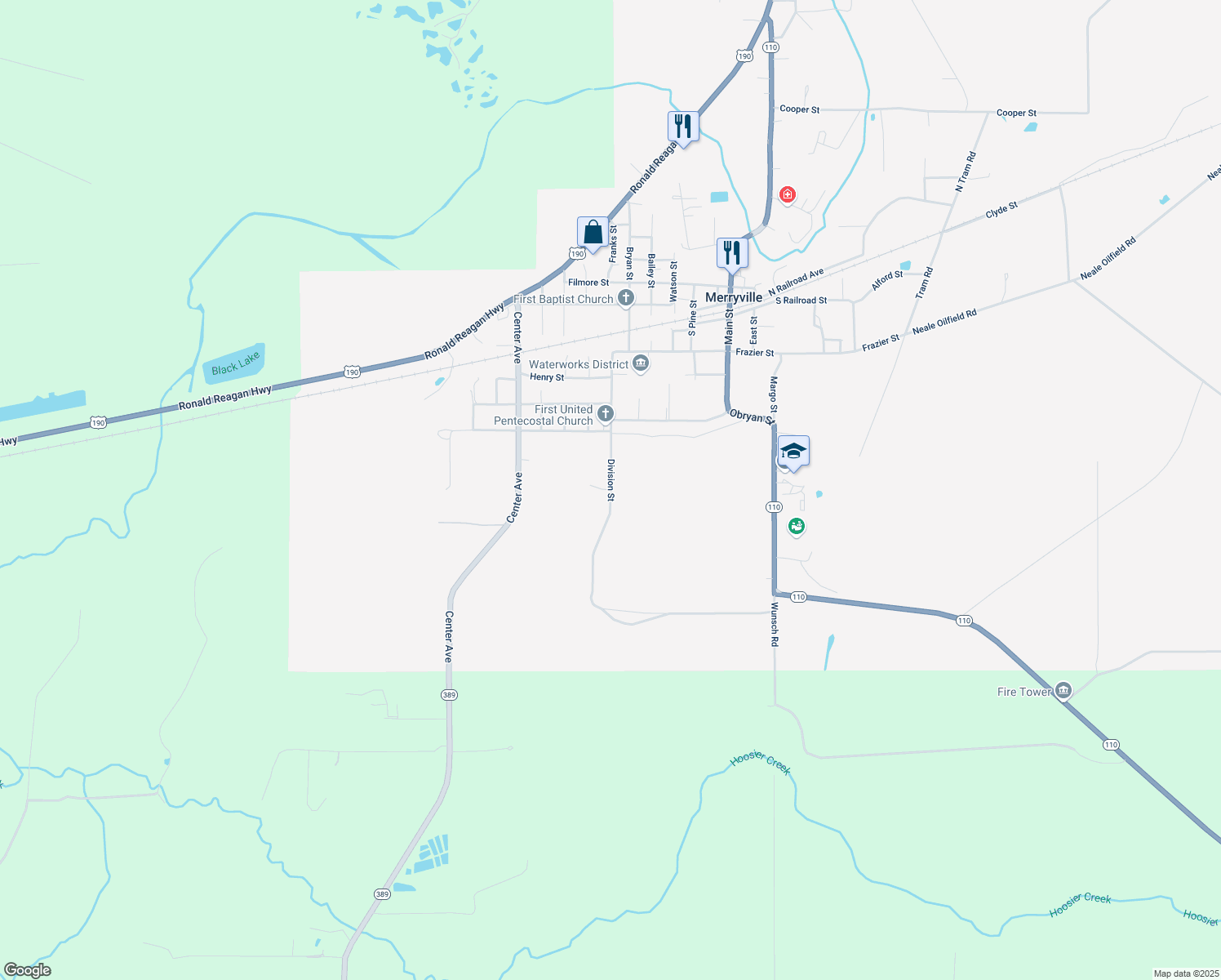 map of restaurants, bars, coffee shops, grocery stores, and more near Division Street in Merryville