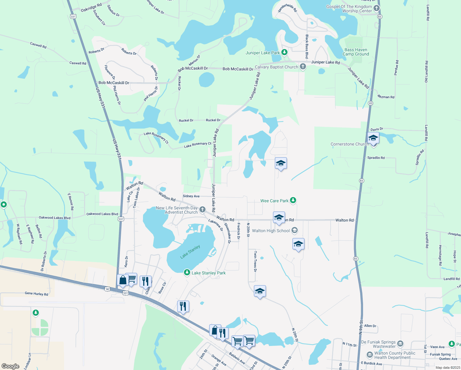 map of restaurants, bars, coffee shops, grocery stores, and more near 35 Hidden Lakes Trail in DeFuniak Springs
