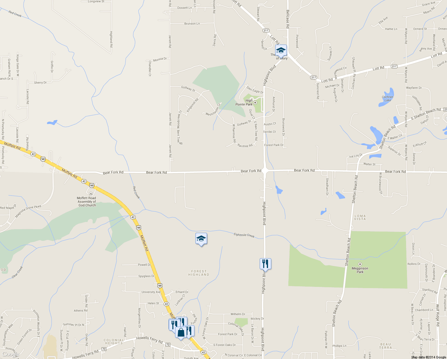 map of restaurants, bars, coffee shops, grocery stores, and more near 5323 Bear Fork Rd in Mobile