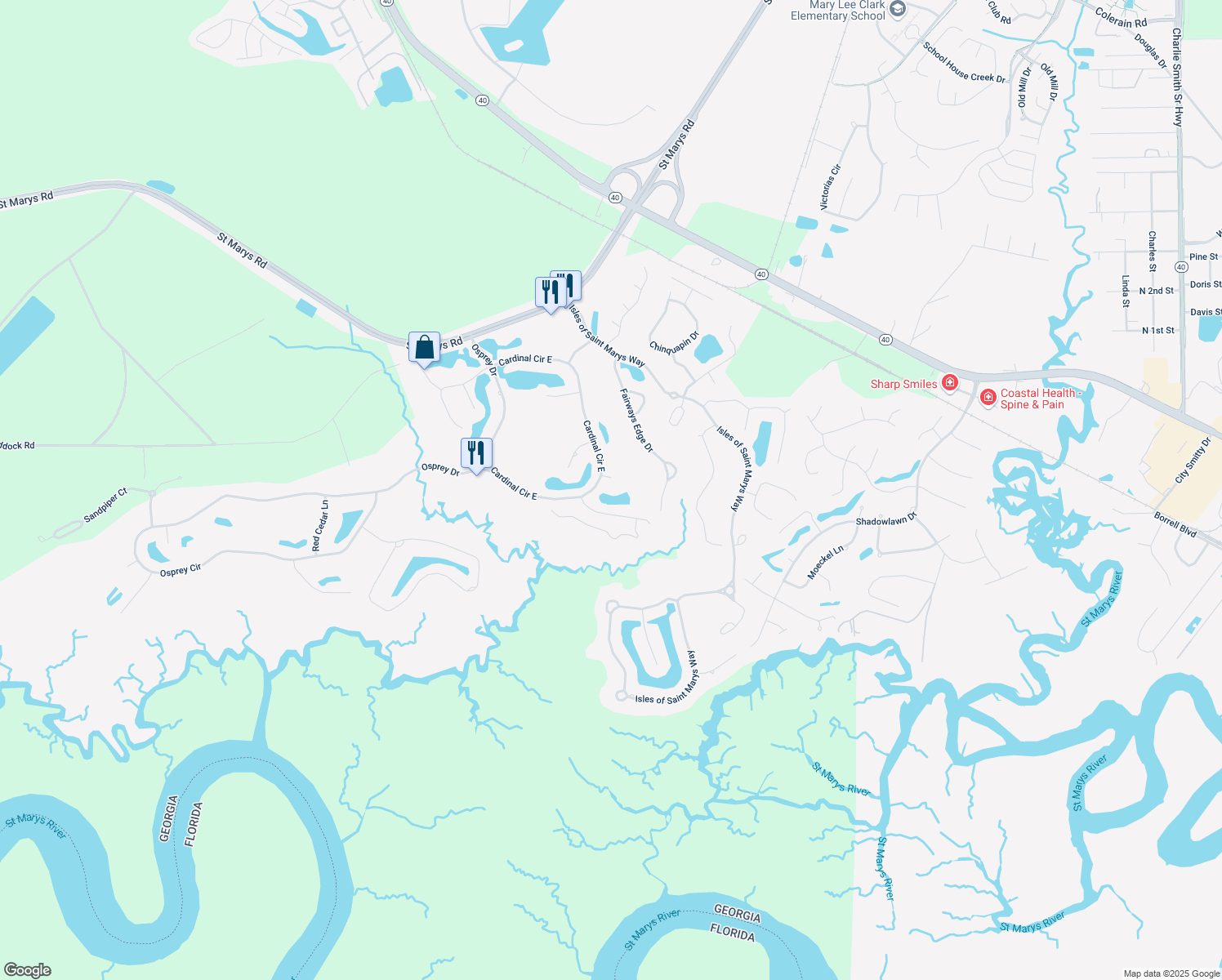 map of restaurants, bars, coffee shops, grocery stores, and more near 802 Silverleaf Walk in St. Marys