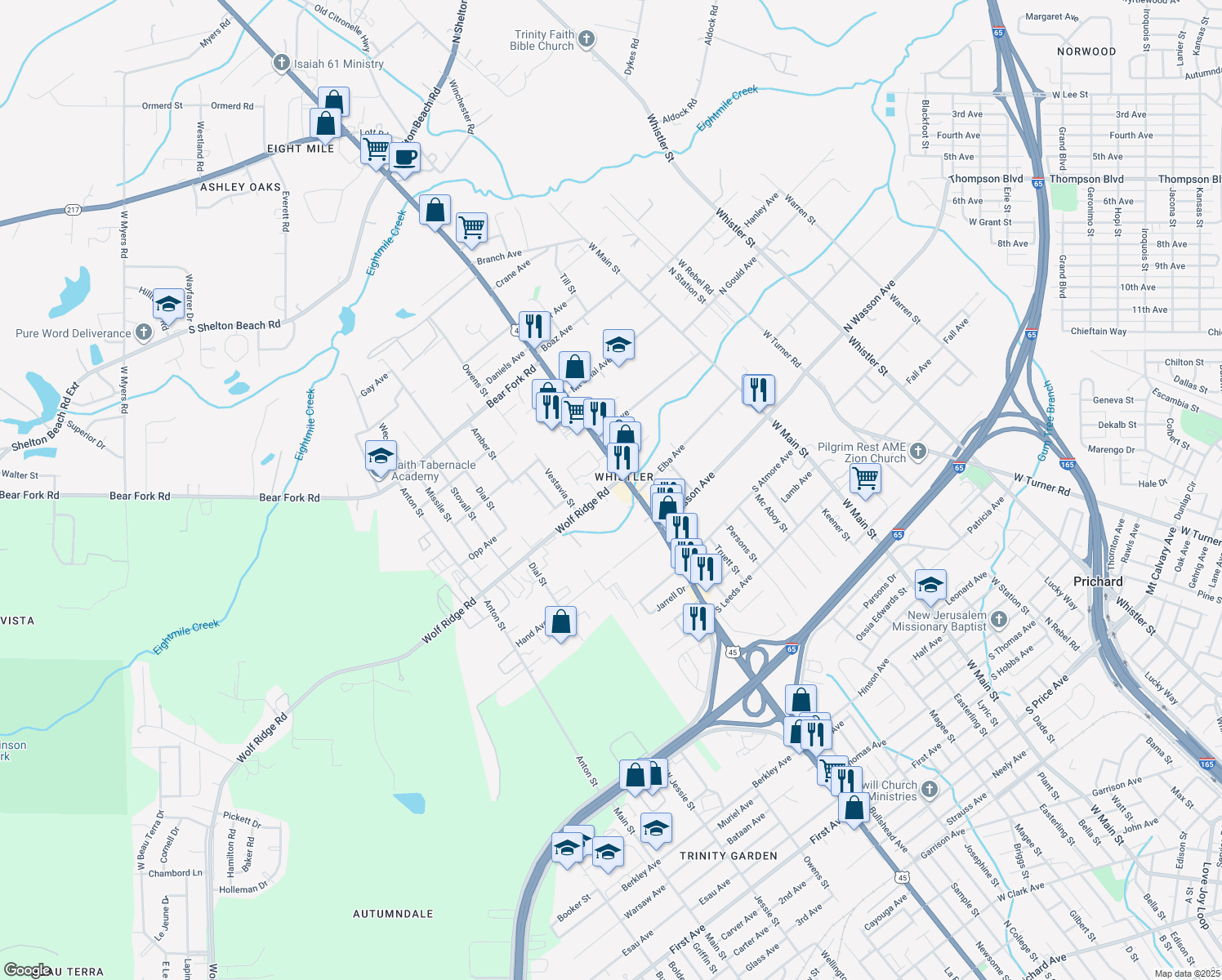 map of restaurants, bars, coffee shops, grocery stores, and more near 899 Gaston Avenue in Mobile