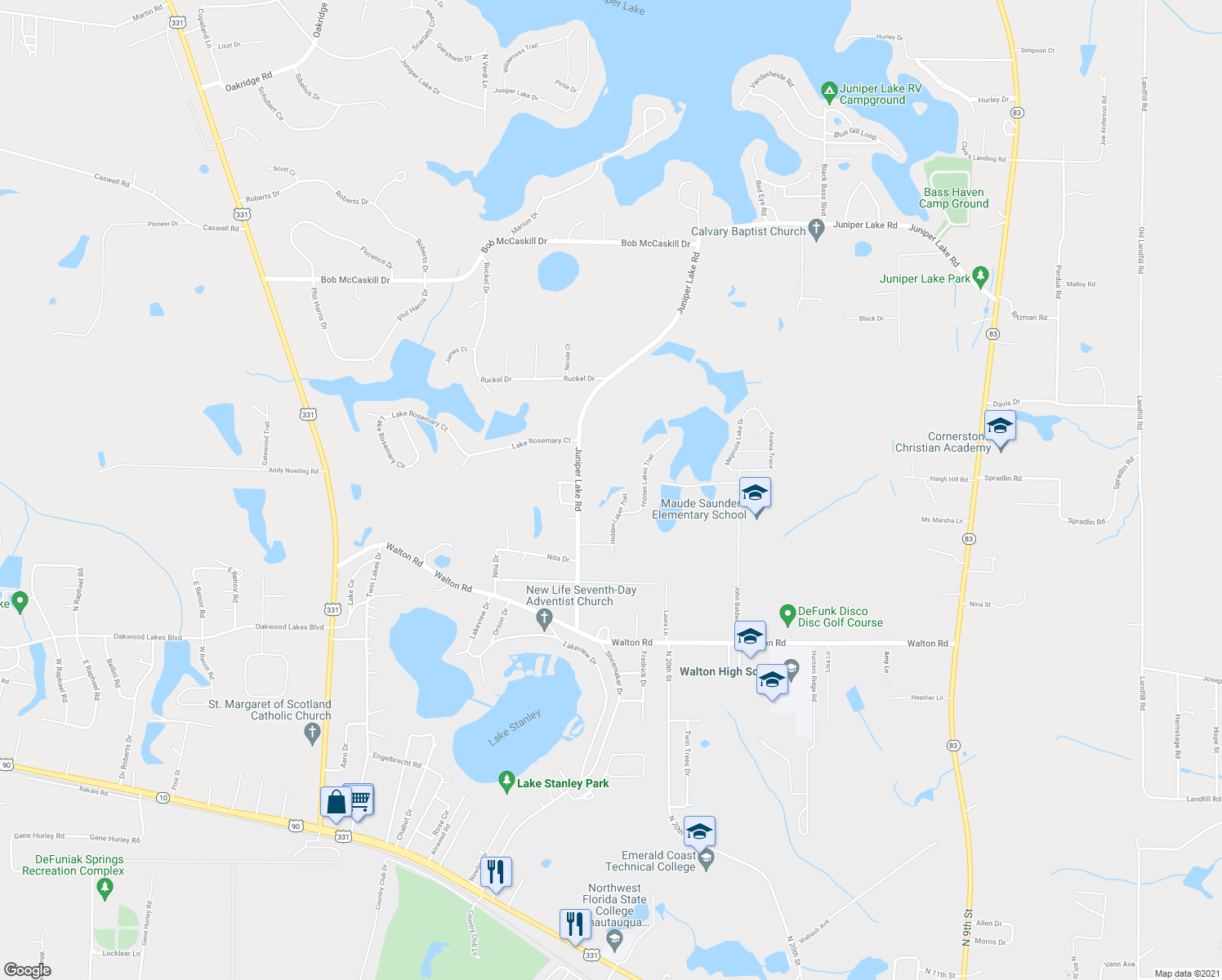 map of restaurants, bars, coffee shops, grocery stores, and more near 430 Juniper Lake Road in DeFuniak Springs