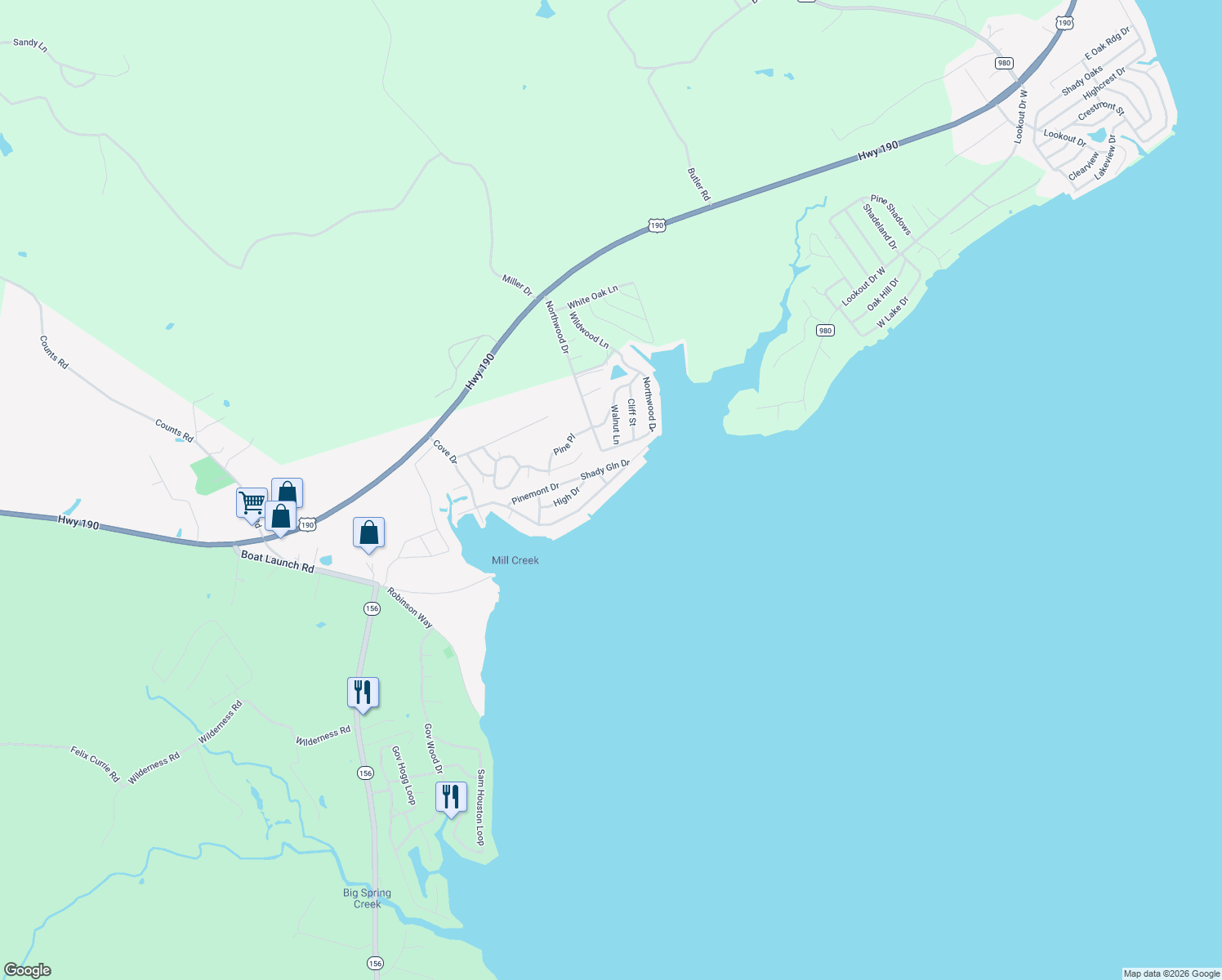 map of restaurants, bars, coffee shops, grocery stores, and more near 208 Edgewater Way in Point Blank