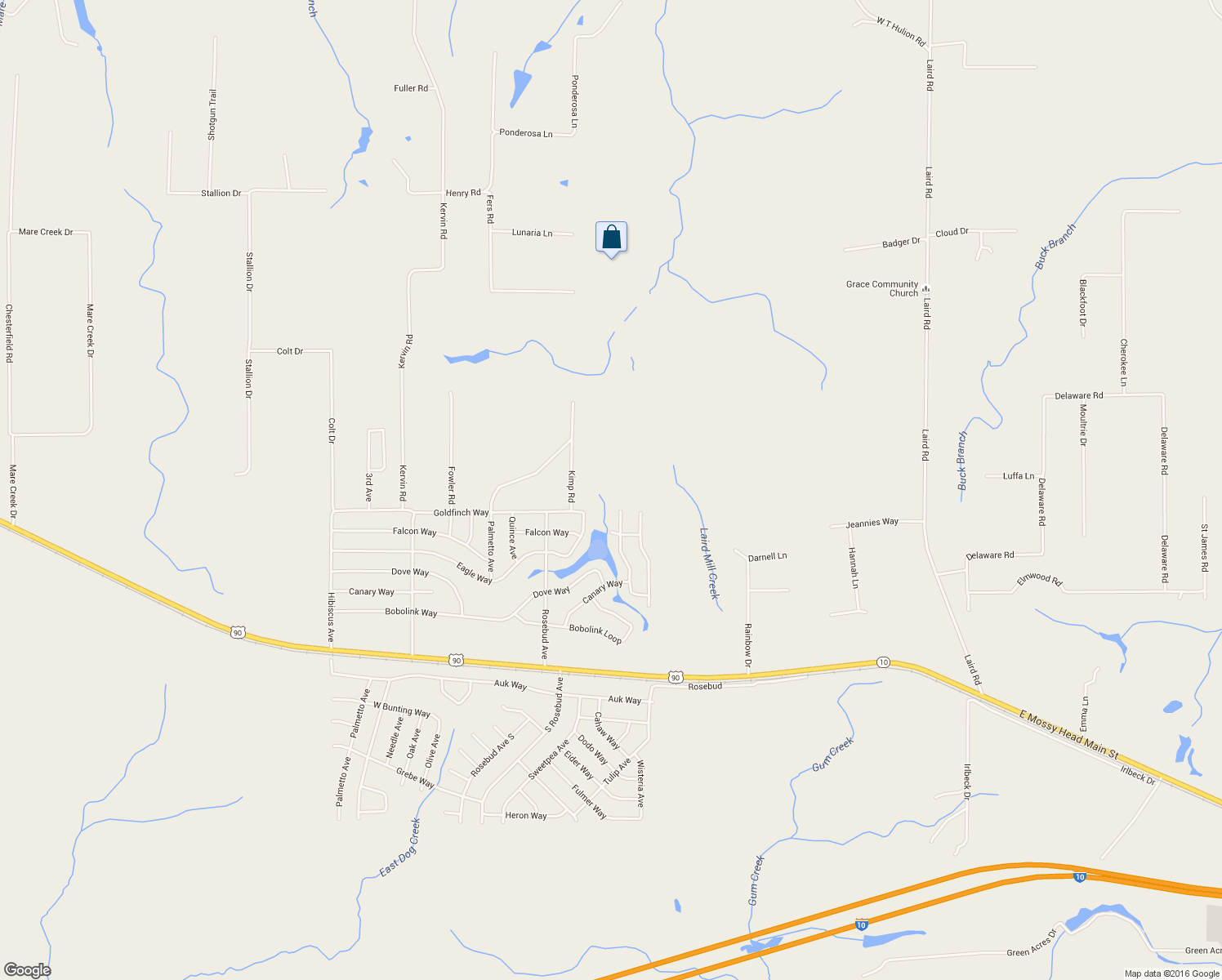 map of restaurants, bars, coffee shops, grocery stores, and more near 5225 Kimp Road in Crestview