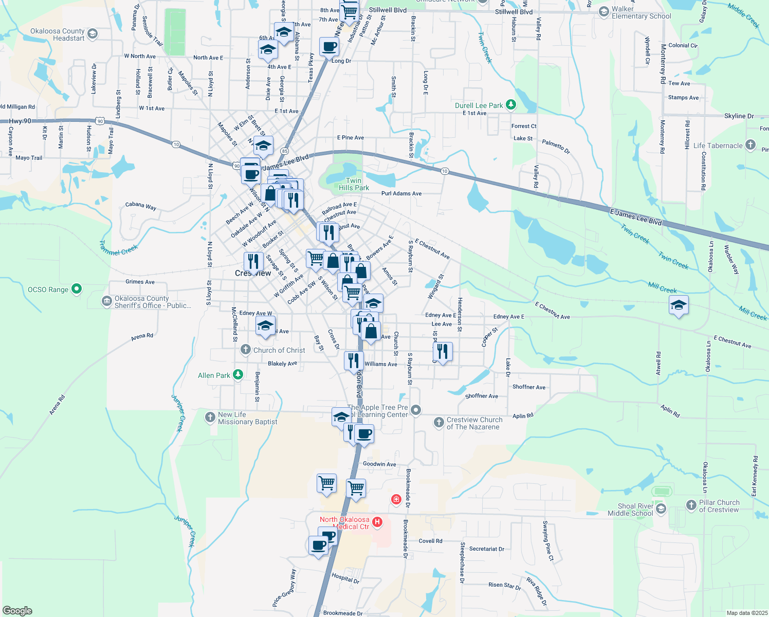 map of restaurants, bars, coffee shops, grocery stores, and more near 937 Pearl Street South in Crestview
