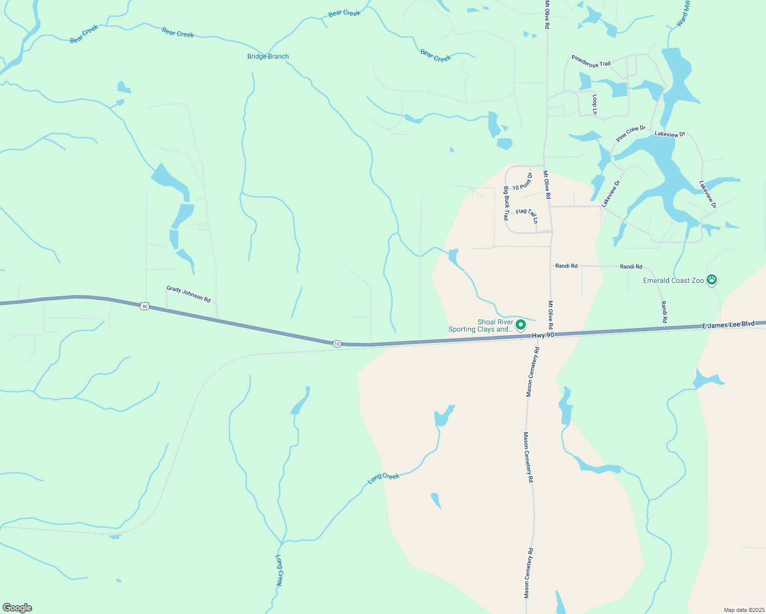 map of restaurants, bars, coffee shops, grocery stores, and more near 5209 Brookwood Lane in Crestview