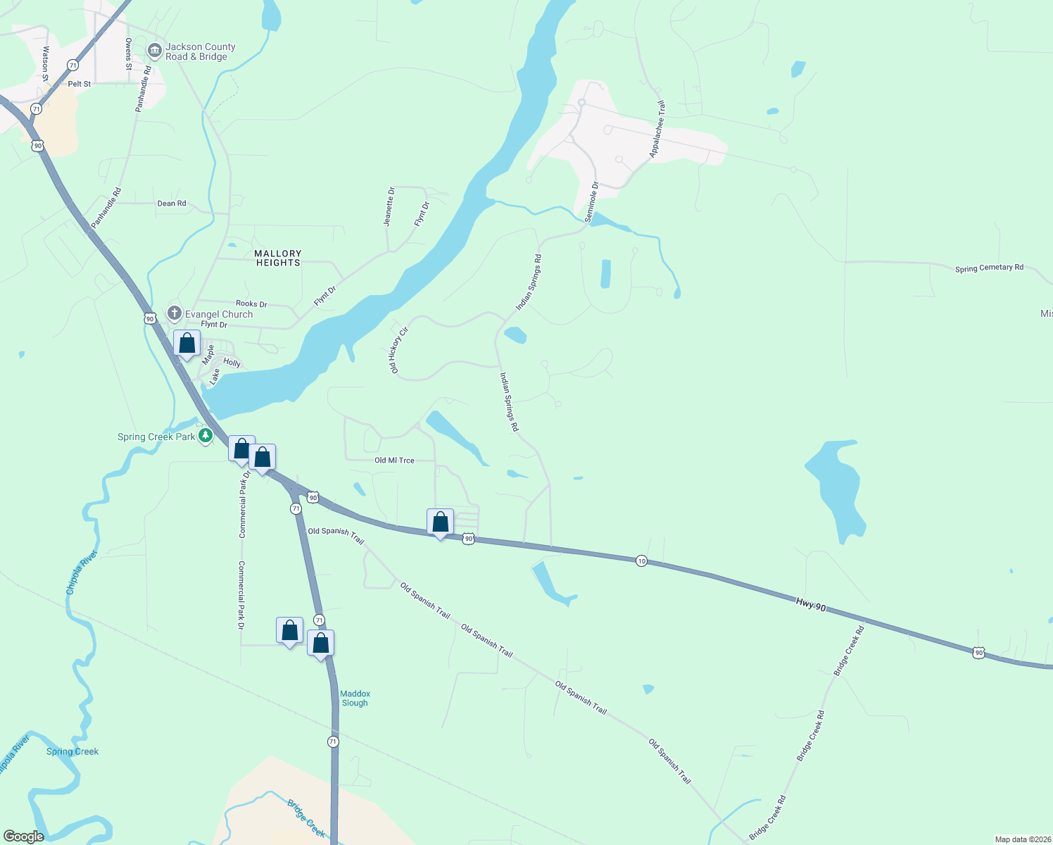 map of restaurants, bars, coffee shops, grocery stores, and more near 2554 Indian Springs Road in Marianna