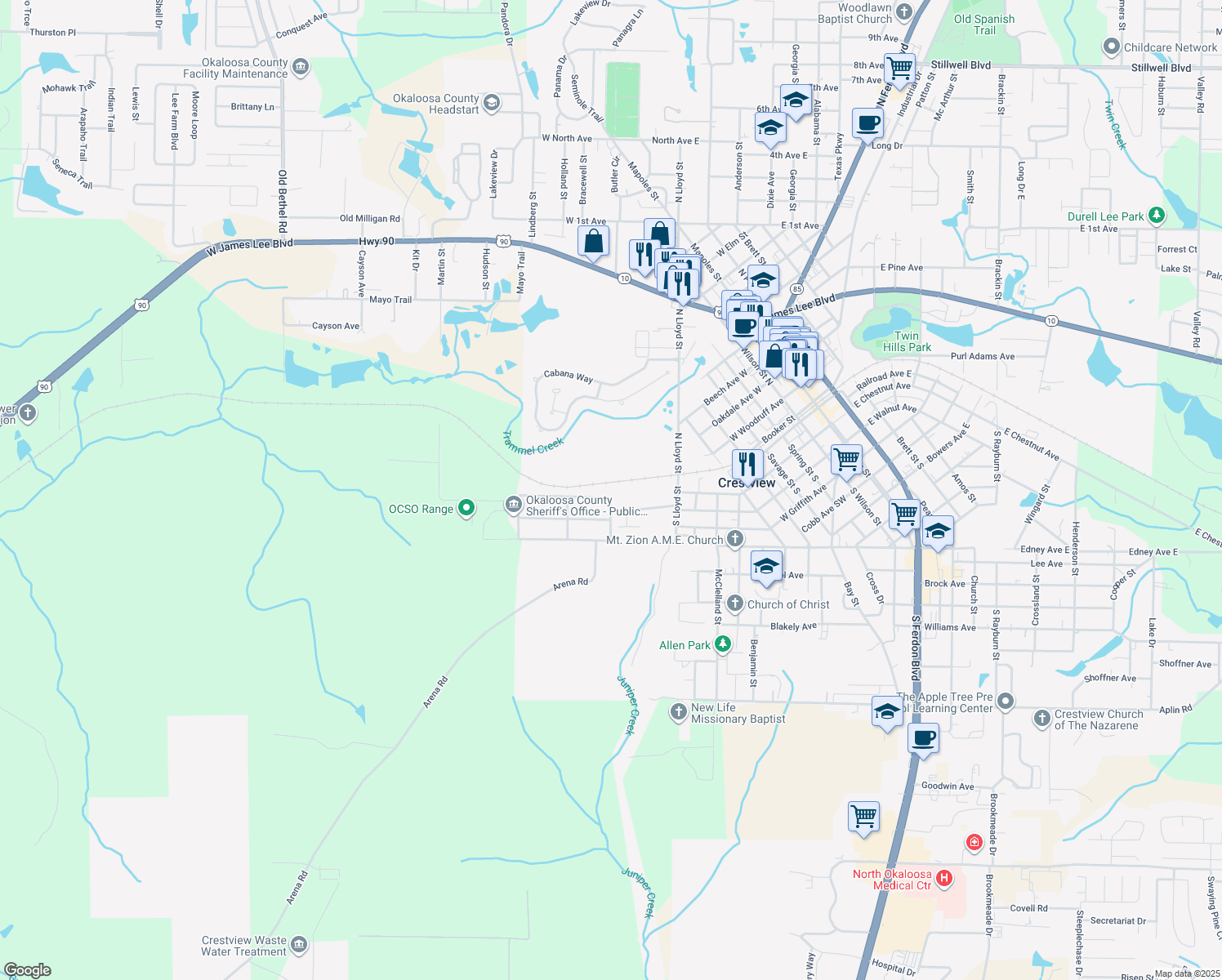 map of restaurants, bars, coffee shops, grocery stores, and more near 102 Grimes Avenue in Crestview