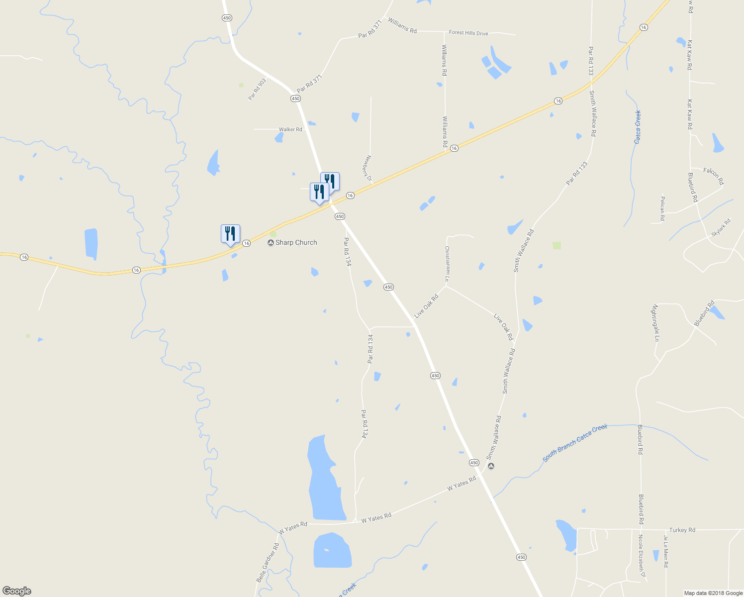 map of restaurants, bars, coffee shops, grocery stores, and more near 16096 Par Road 134 in Franklinton