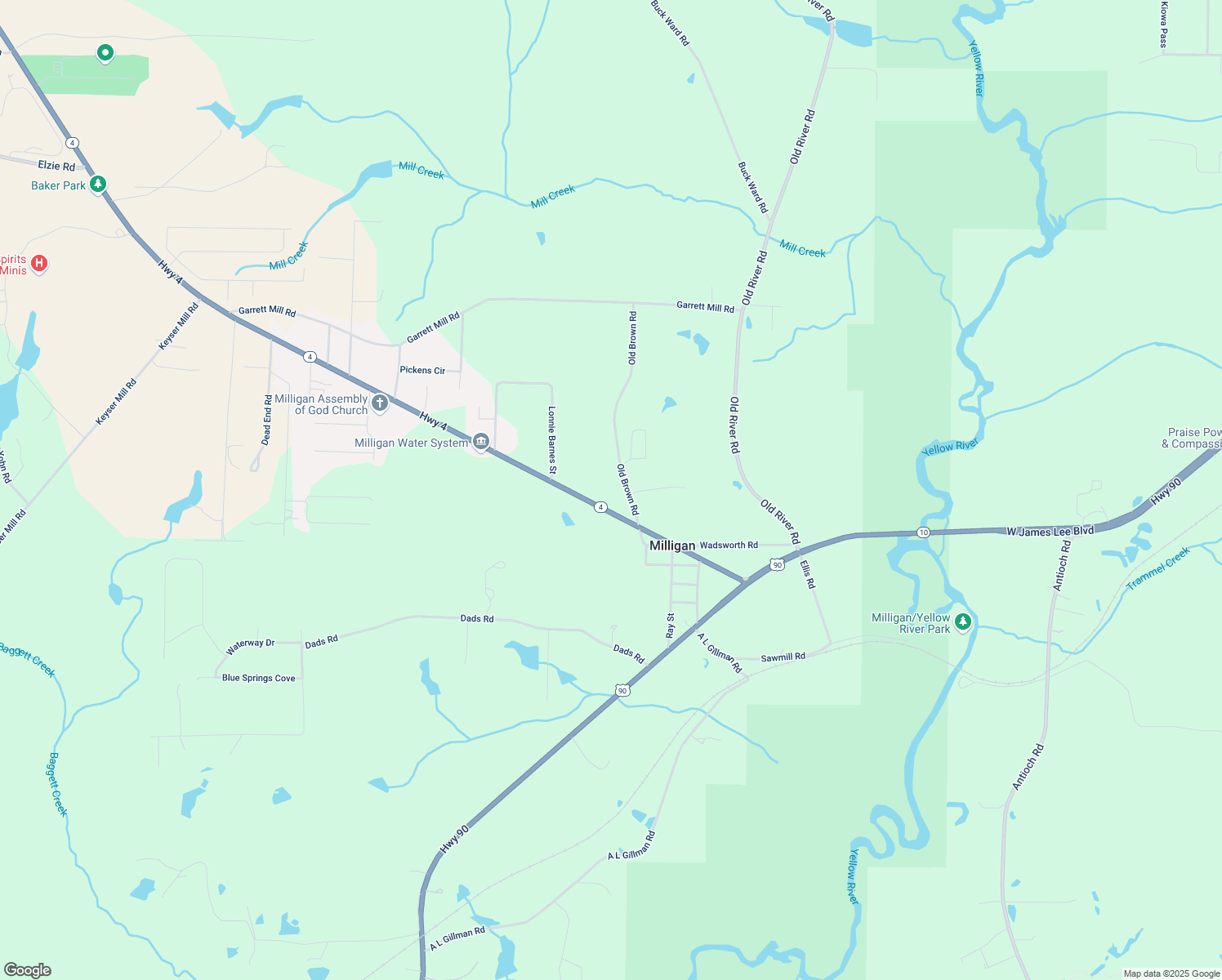 map of restaurants, bars, coffee shops, grocery stores, and more near 5202 Old Brown Road in Baker