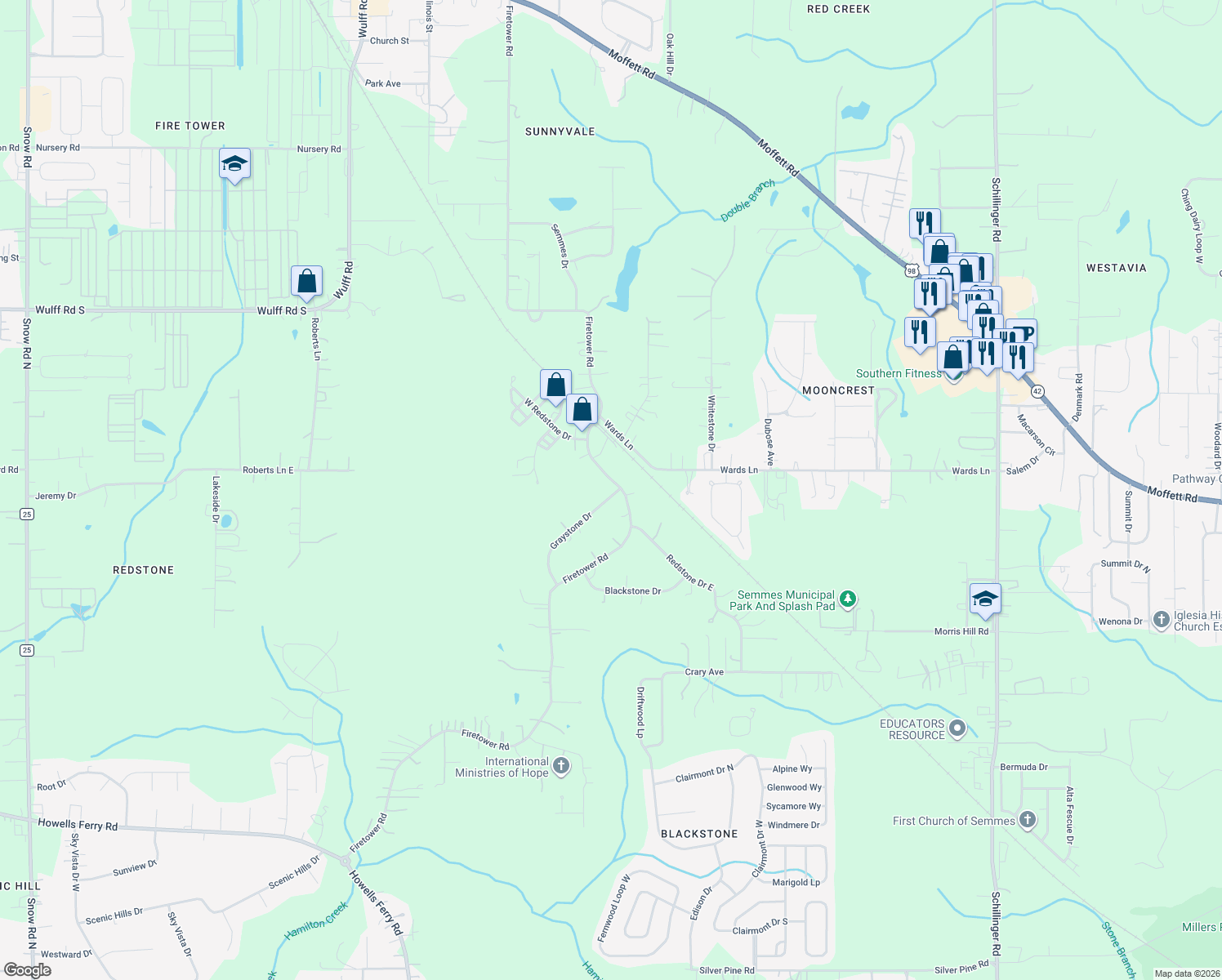 map of restaurants, bars, coffee shops, grocery stores, and more near 3101 Graystone Drive in Semmes