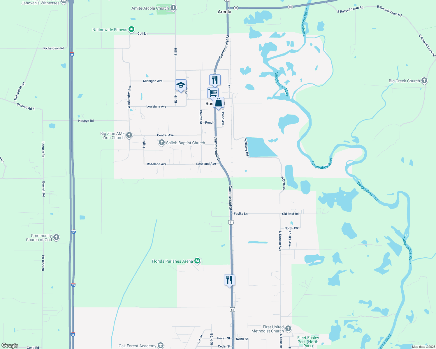 map of restaurants, bars, coffee shops, grocery stores, and more near 62159 Commercial Street in Roseland
