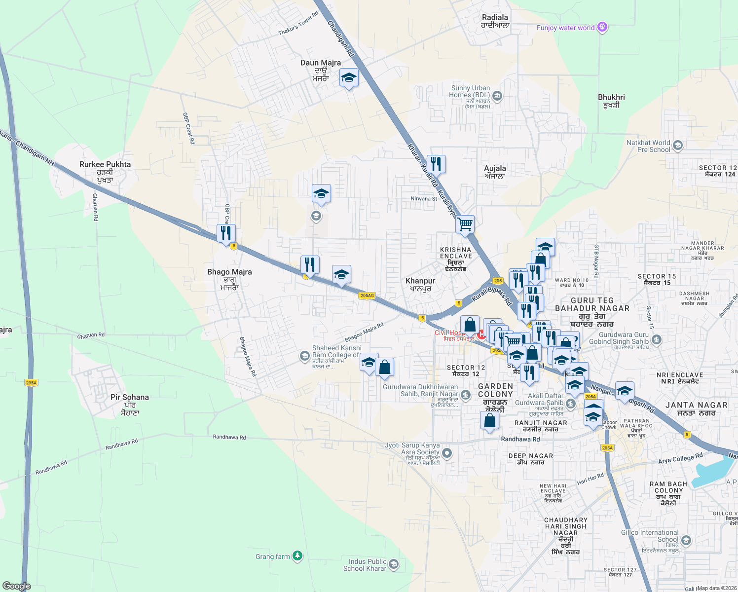 map of restaurants, bars, coffee shops, grocery stores, and more near National Highway 95 in Sahibazada Ajit Singh Nagar