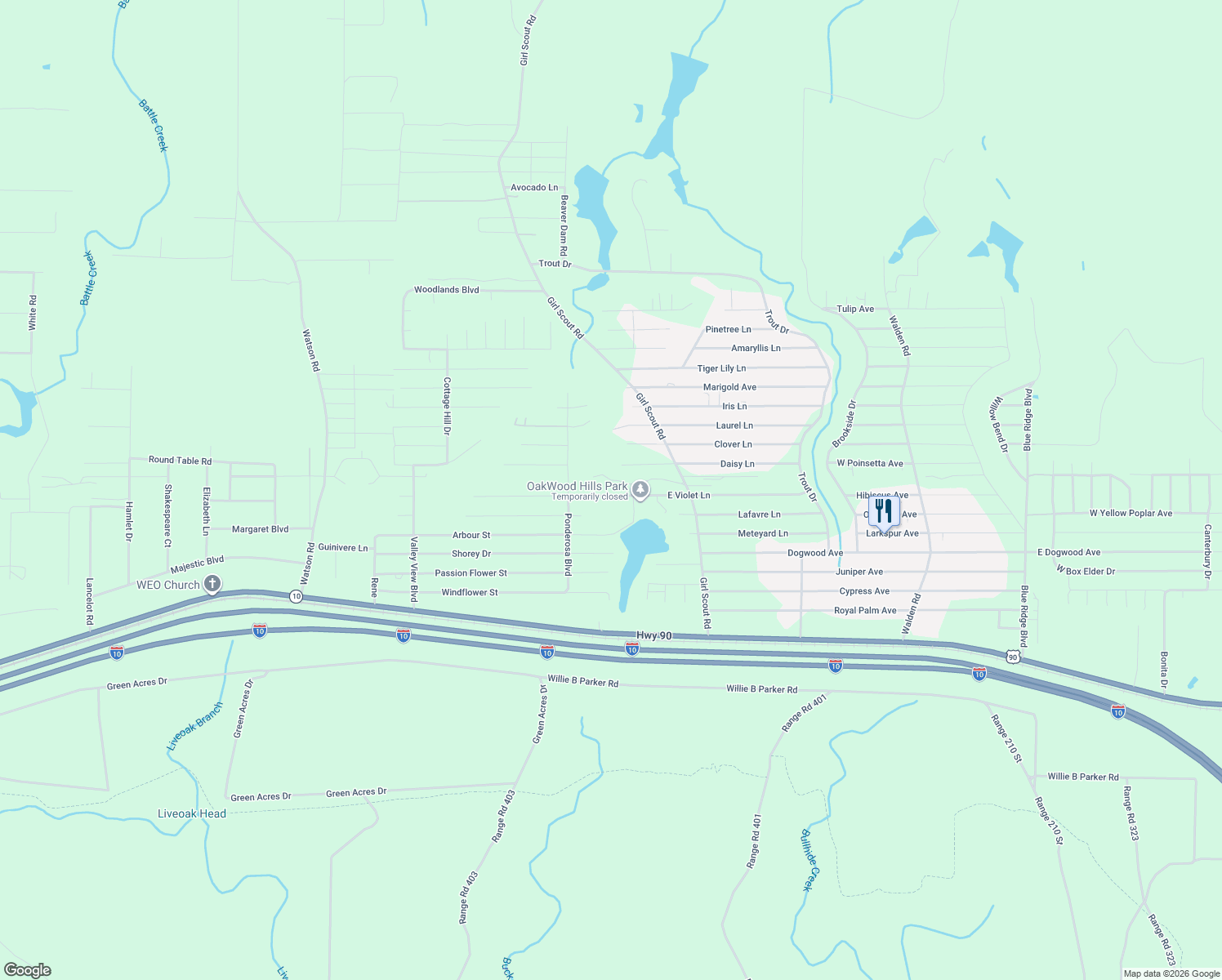 map of restaurants, bars, coffee shops, grocery stores, and more near 252 Violet Lane in DeFuniak Springs
