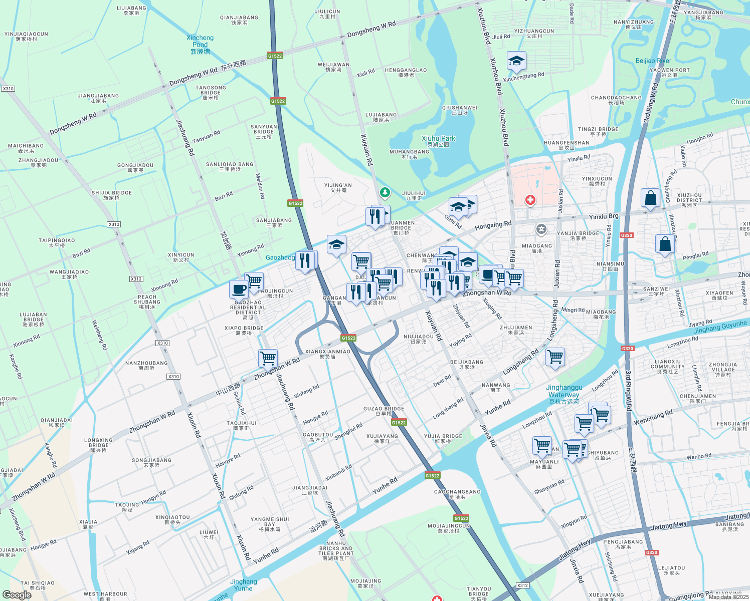 map of restaurants, bars, coffee shops, grocery stores, and more near 88 Xiangxian Road in Jiaxing Shi