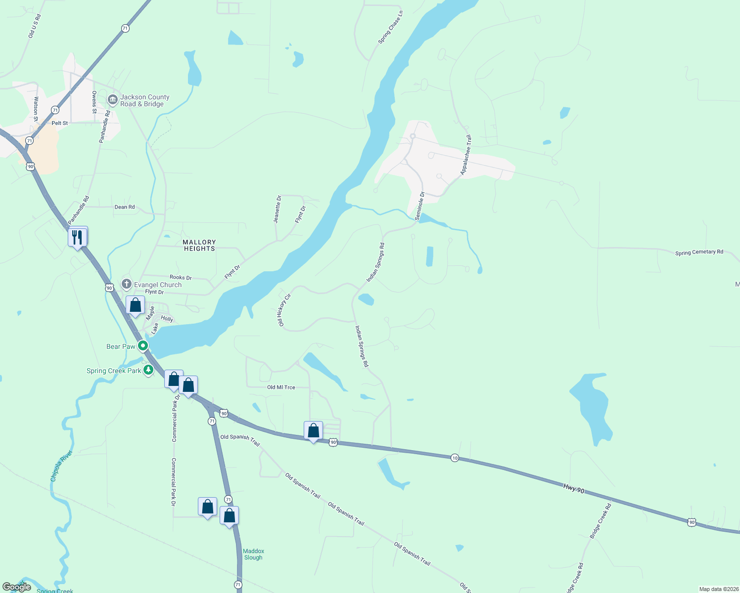 map of restaurants, bars, coffee shops, grocery stores, and more near 2666 Indian Springs Road in Marianna
