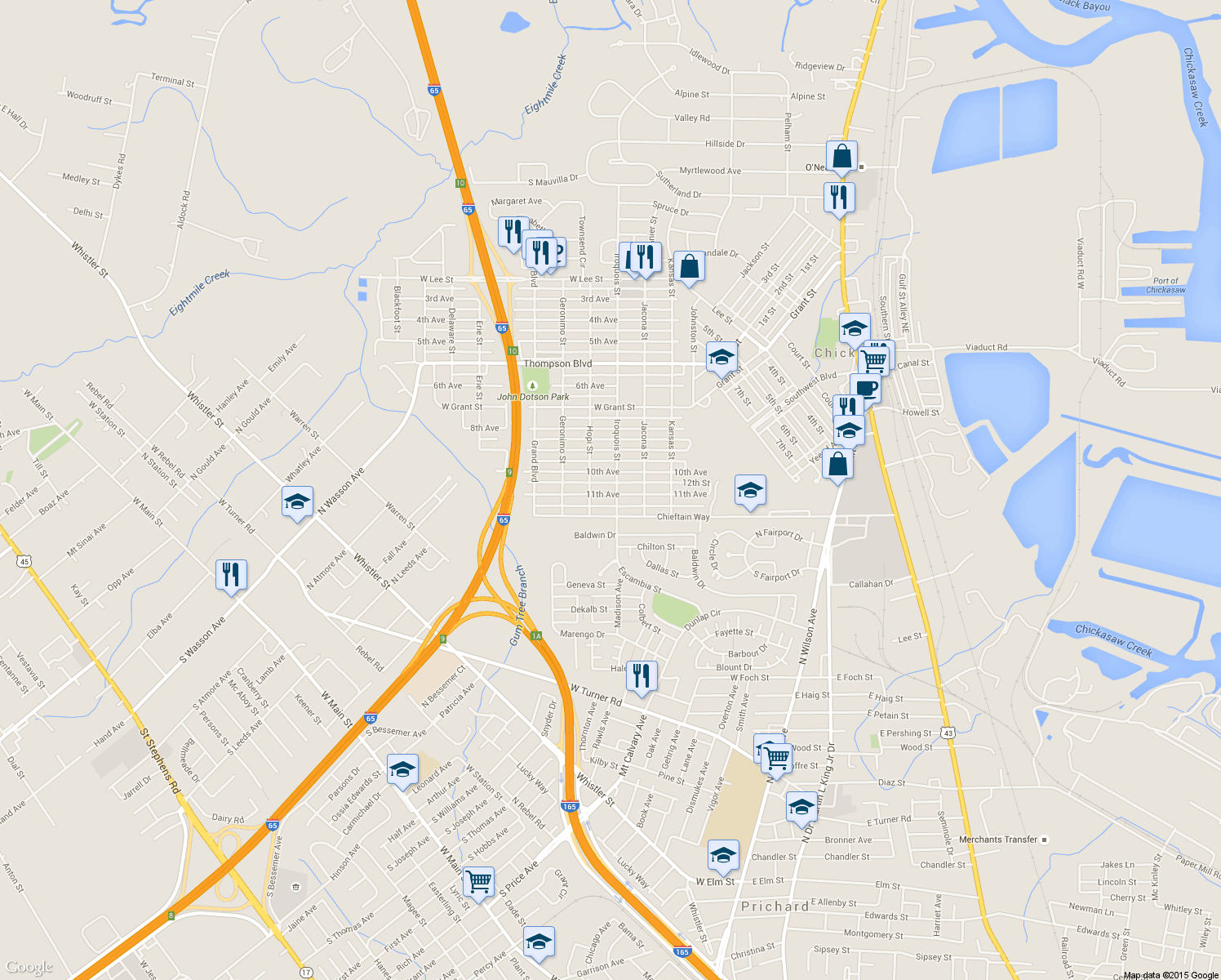 map of restaurants, bars, coffee shops, grocery stores, and more near 202 11th Ave in Chickasaw