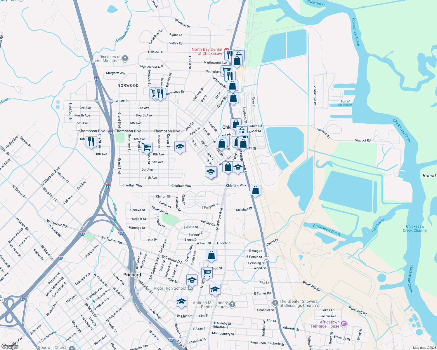 map of restaurants, bars, coffee shops, grocery stores, and more near 13 Chickasaw Cir in Chickasaw