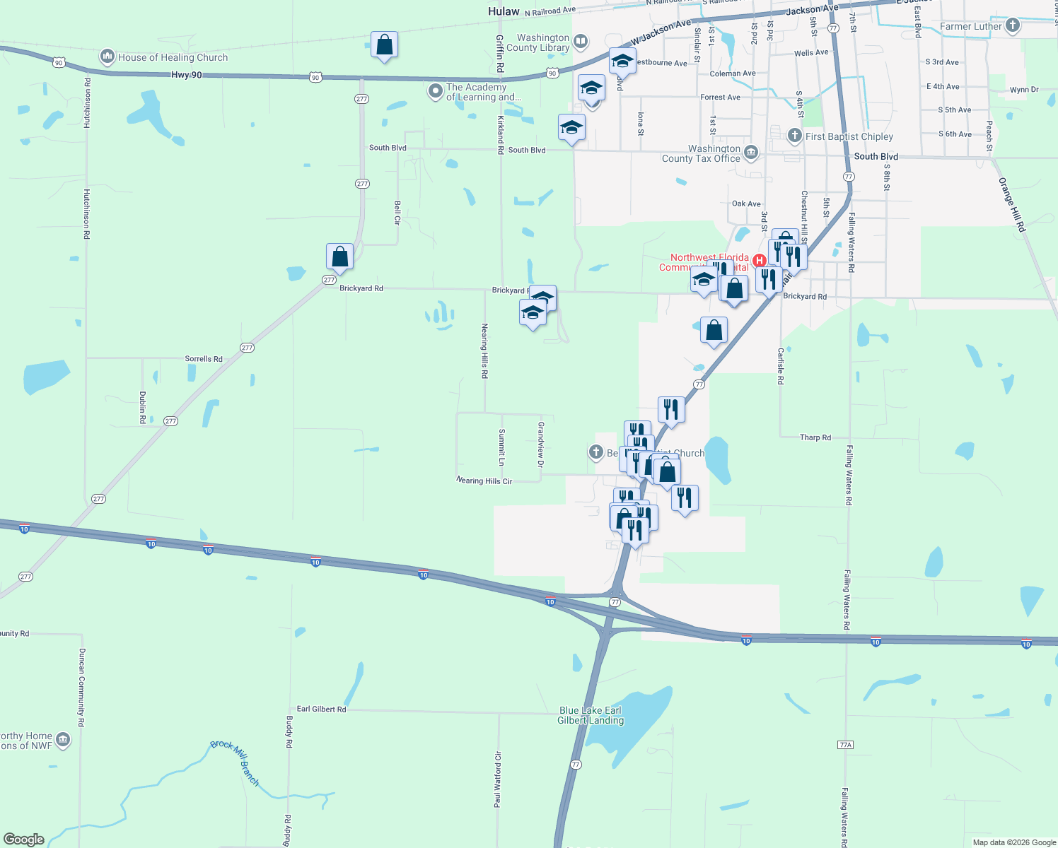map of restaurants, bars, coffee shops, grocery stores, and more near 1549 Nearing Hills Circle in Chipley