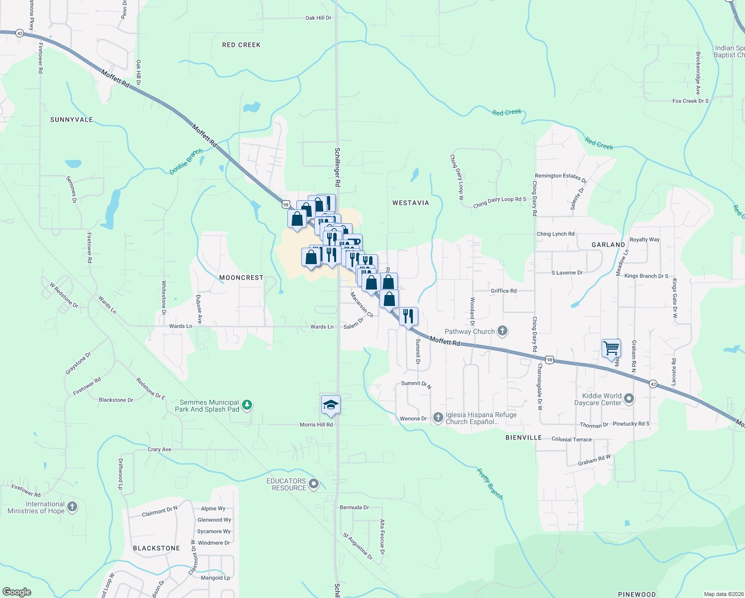 map of restaurants, bars, coffee shops, grocery stores, and more near 7671 Moffett Road in Mobile