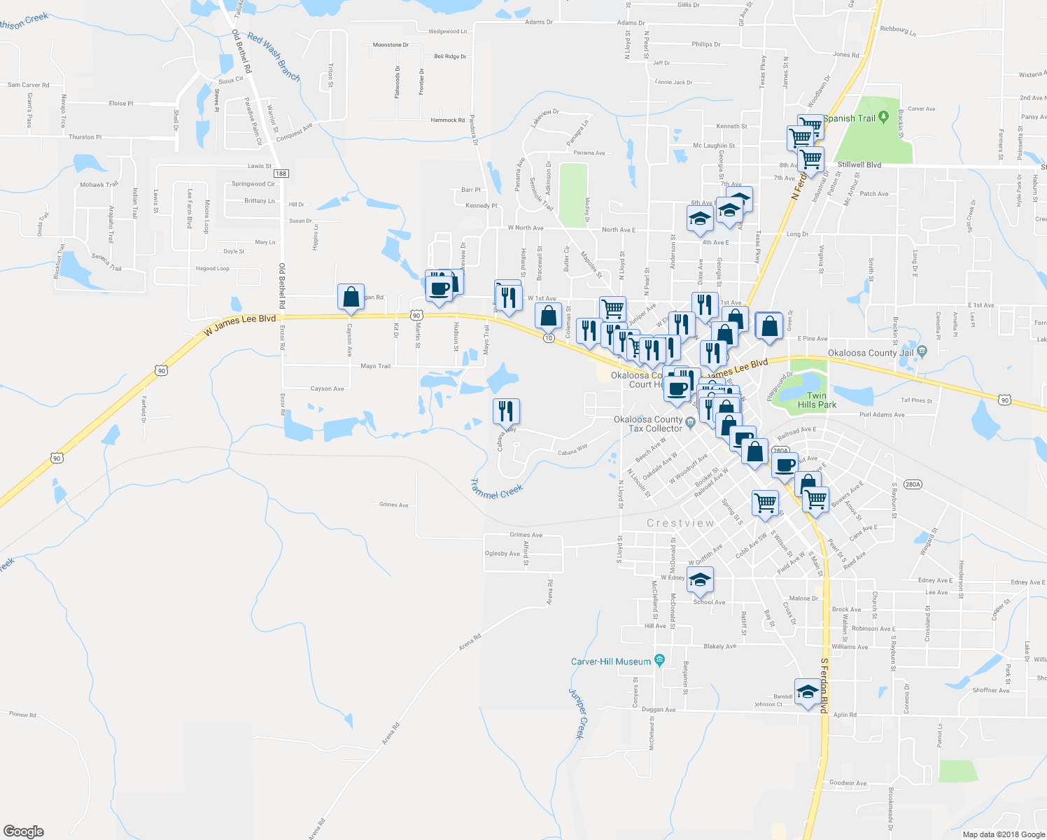 map of restaurants, bars, coffee shops, grocery stores, and more near 137 Cabana Way in Crestview