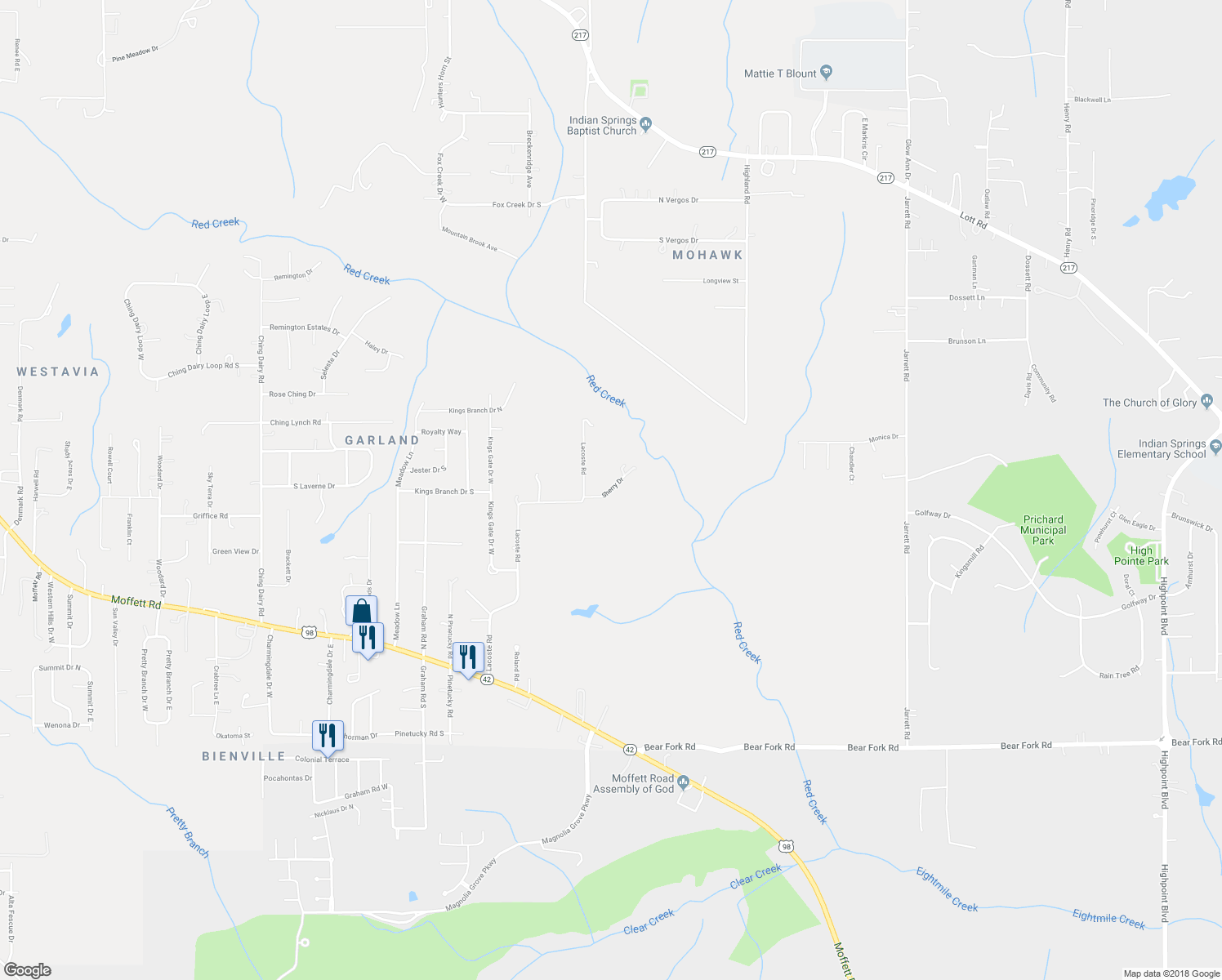 map of restaurants, bars, coffee shops, grocery stores, and more near 6379 Sherry Drive in Mobile