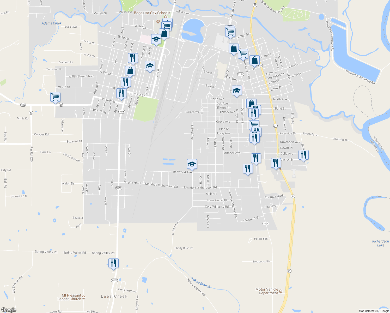 map of restaurants, bars, coffee shops, grocery stores, and more near 1412 Byrd Avenue in Bogalusa