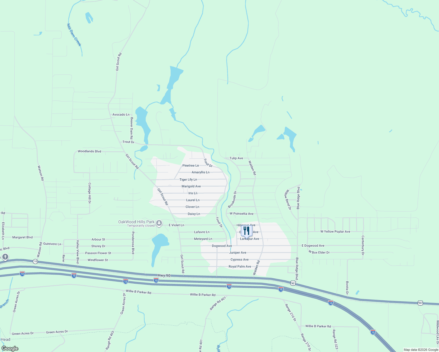 map of restaurants, bars, coffee shops, grocery stores, and more near 60 Tiger Lily Lane in DeFuniak Springs